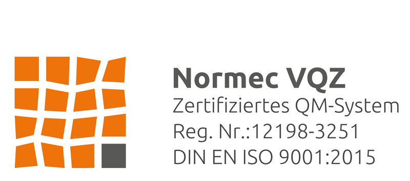 Normec VQZ Zertifizierung nach DIN EN ISO 9001:2015 | Qualitätsmanagementsystem Normec VQZ Zertifizierungslogo für ein zertifiziertes Qualitätsmanagementsystem nach DIN EN ISO 9001:2015, Registrierungsnummer 12198-3251.